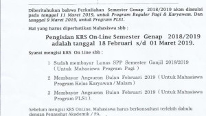 Pengisian KRS Online Semester Genap Tahun Akademik 2018/2019